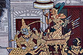 Detail of 'Ramakien' mural painting  - temple of the Emerald Buddha, Bangkok . The scene shows the traditional arrangment of the war with elefant in southeast asia: a hero warrior in front followed  by an attendant in a howdah and the driver behind 